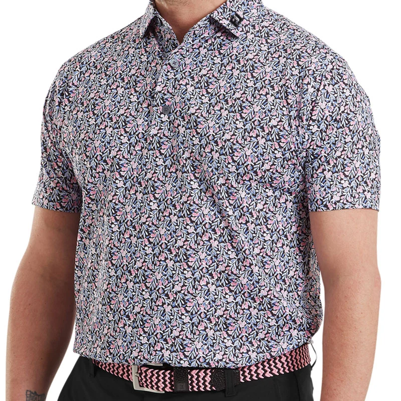 FOOTJOY Meadow Print Lisle Men's Polo (Black/Purple) - Image 3