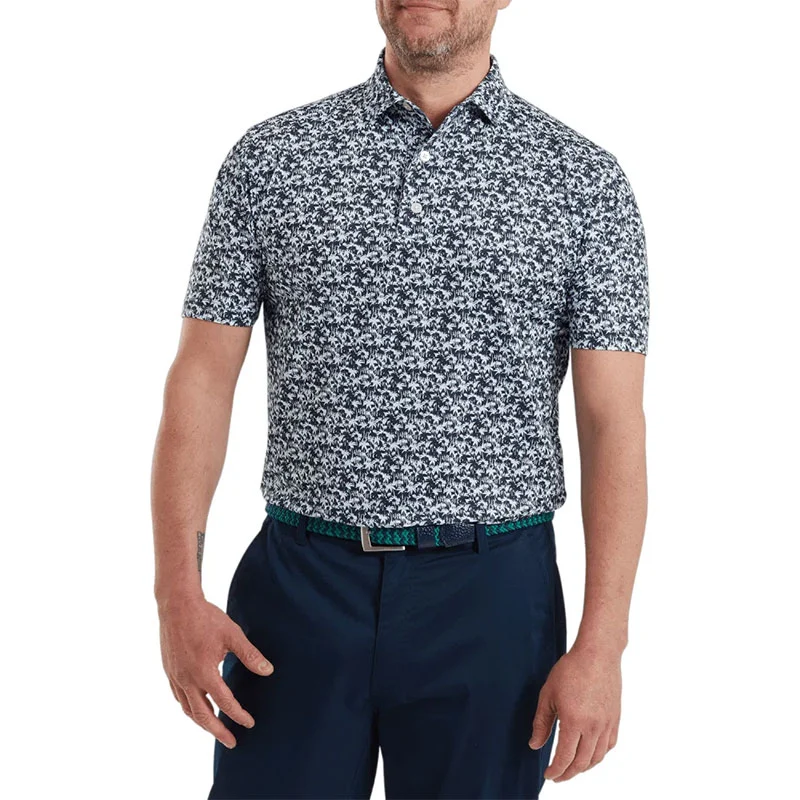 FOOTJOY Hidden Palm Print Lisle Men's Polo (Navy) - Image 3